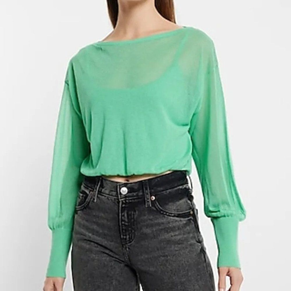 Express Women's Green Sheer Boat Neck Dolman Sleeve Cropped Sweater Size Medium